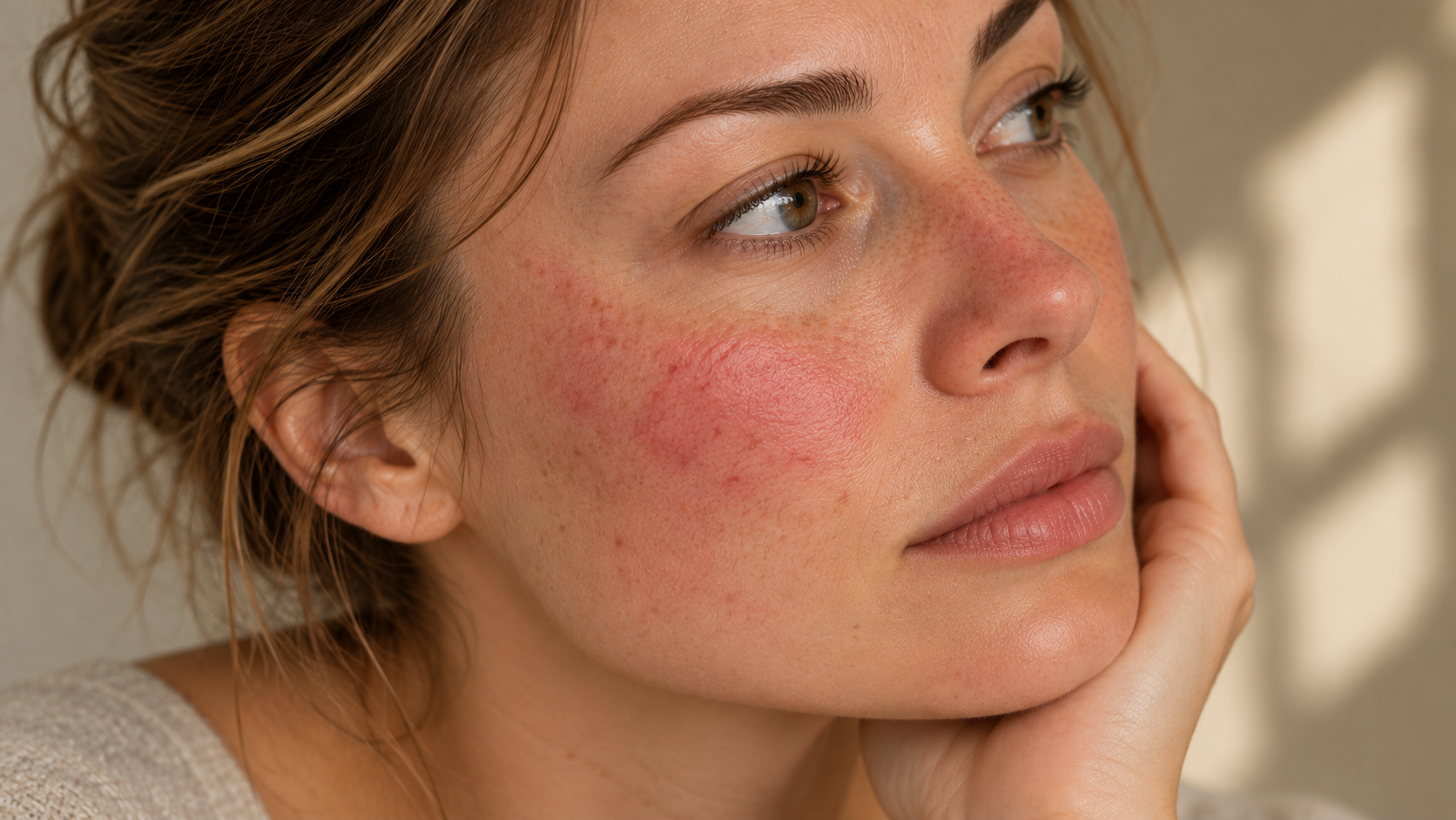 Close-up van een jonge vrouw met rosacea op haar wang en neus, rustend haar kin op haar hand.