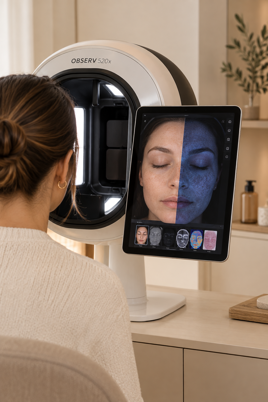 Vrouw krijgt een huidanalyse met de OBSERV en een tablet die een digitale weergave van haar huid toont.