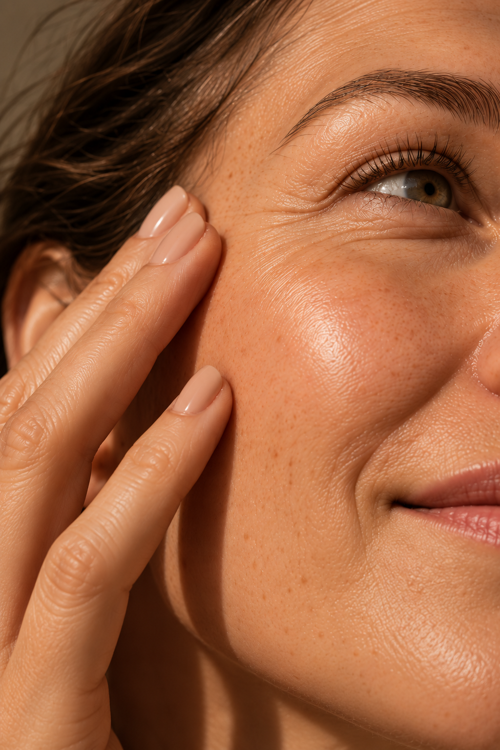Close-up van een vrouw met een lichte huid, die haar gezicht met haar vinger aanraakt.