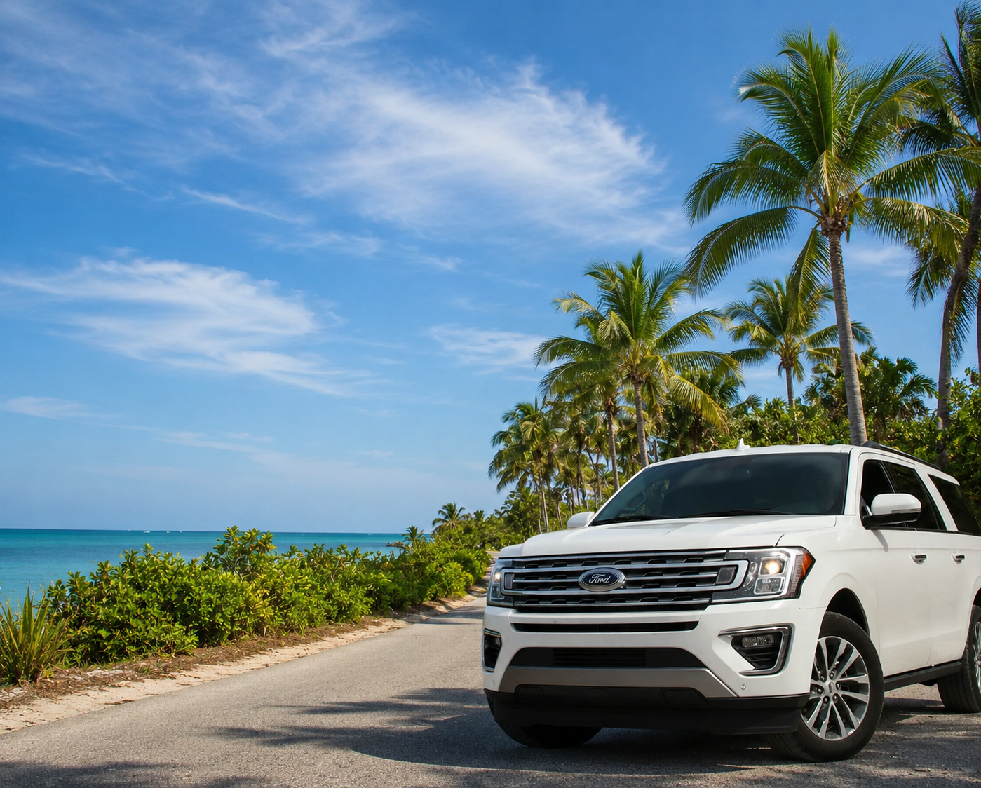 Weißer SUV an einer palmengesäumten Küstenstraße in Florida