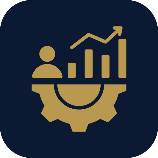 Icon of a person with a bar graph and upward arrow above a gear.