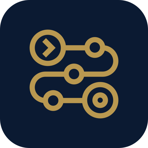 Icon representing a workflow or process with interconnected circles and a play button at the top left.