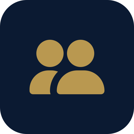 Icon of three golden figures representing a group or team, on a dark background.