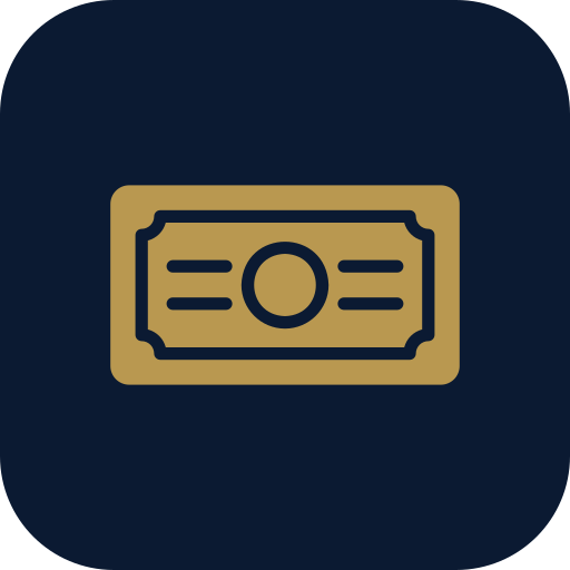 Icon of a paper money bill, gold on dark background.
