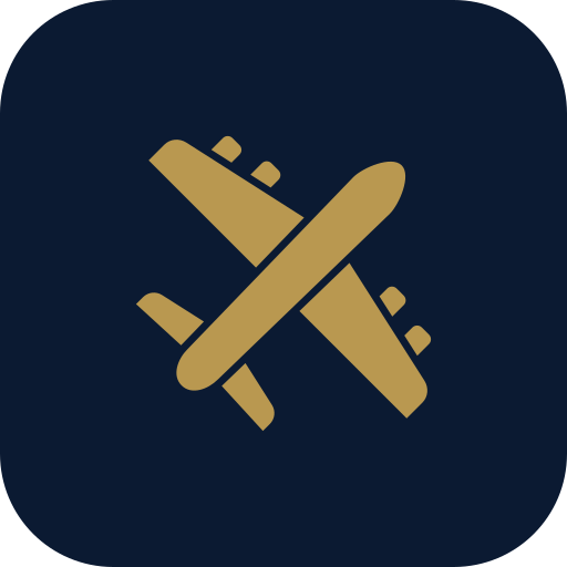 Icon of two crossed airplanes in gold on a dark background.