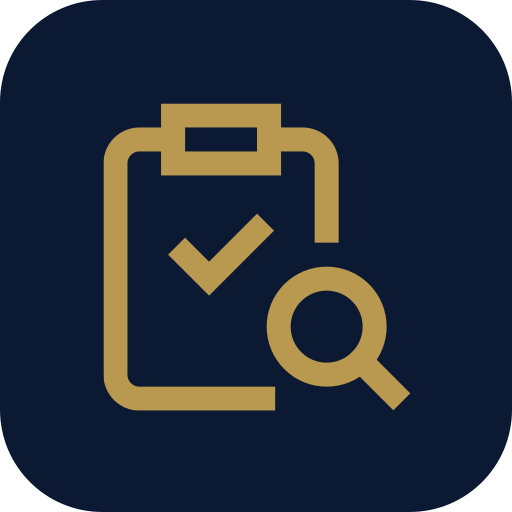 Icon of a clipboard with a checkmark and a magnifying glass