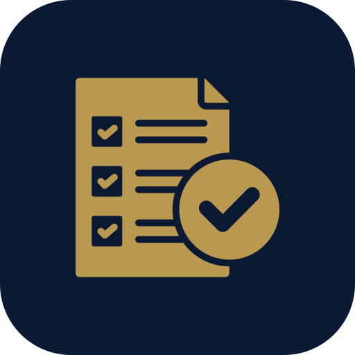 Icon of a checklist with a large checkmark and a document with three checked boxes.