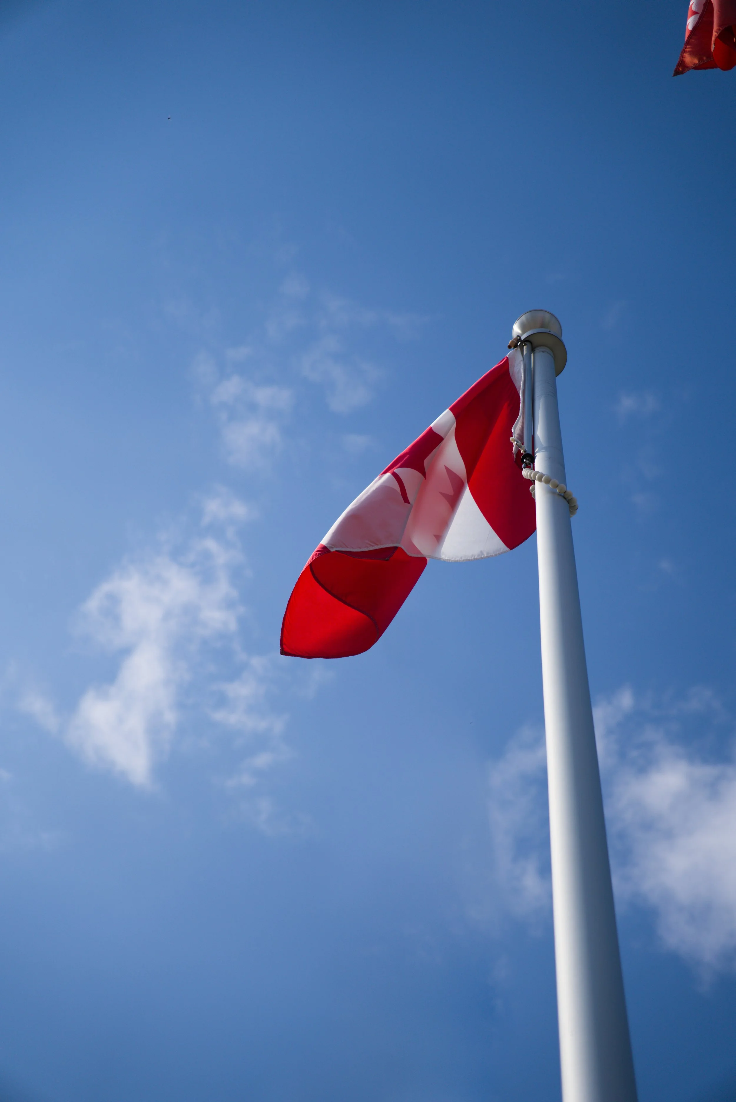 Drapeau canadien flottant au soleil contre un ciel bleu.