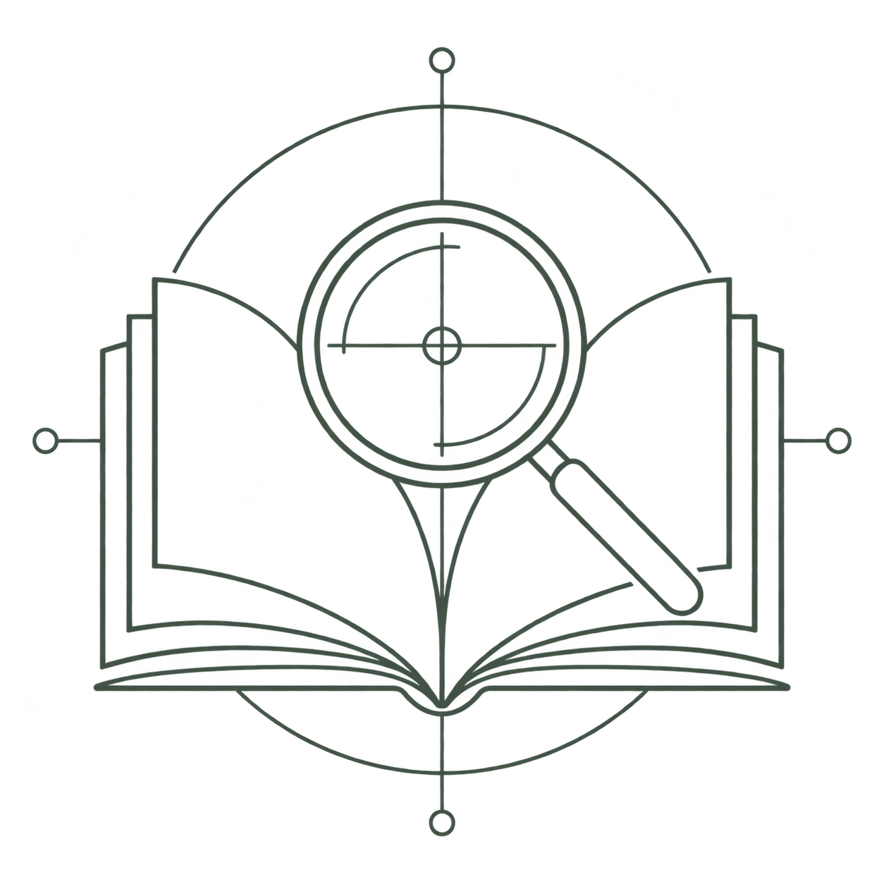 A blueprint-style illustration of a book with an open magnifying glass superimposed over it, displaying a crosshair pattern.