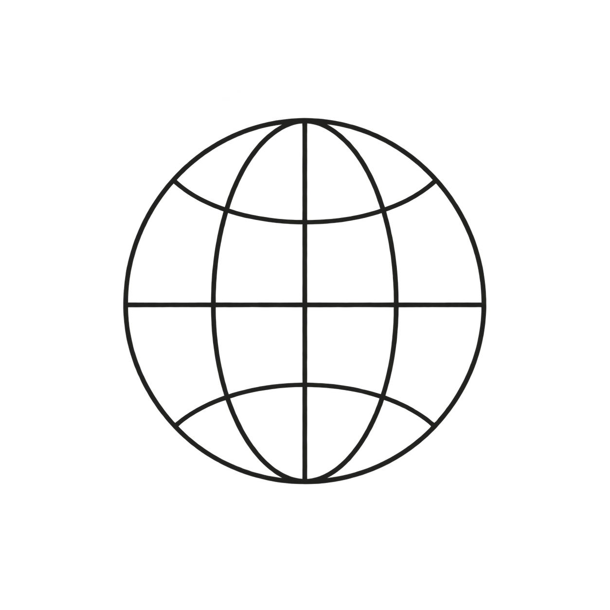 A line drawing of a globe with longitude and latitude lines against a black background.