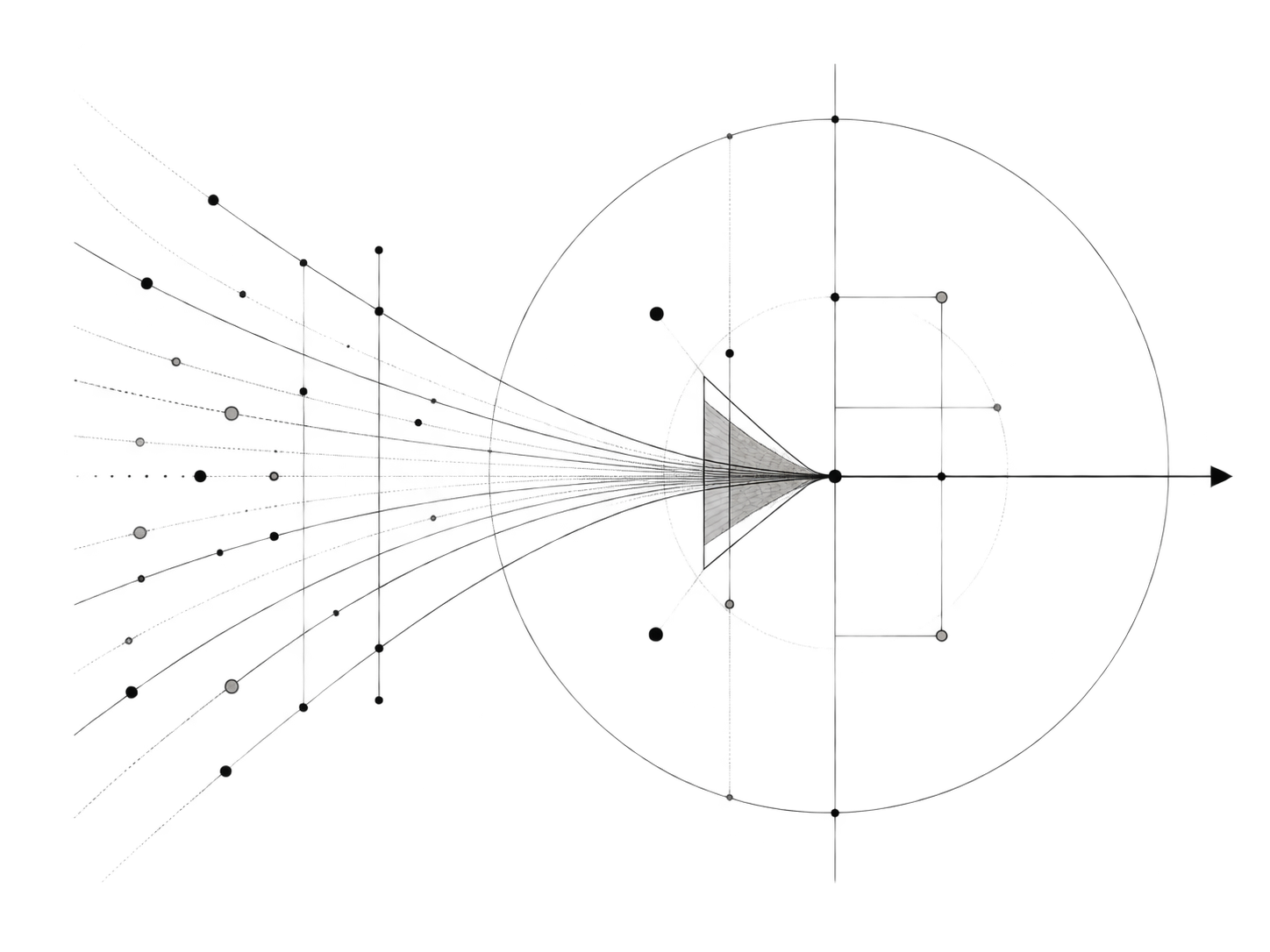 A black background with a geometric, abstract design composed of lines, circles, and rectangles arranged symmetrically around a central point, resembling a digital or mathematical illustration.