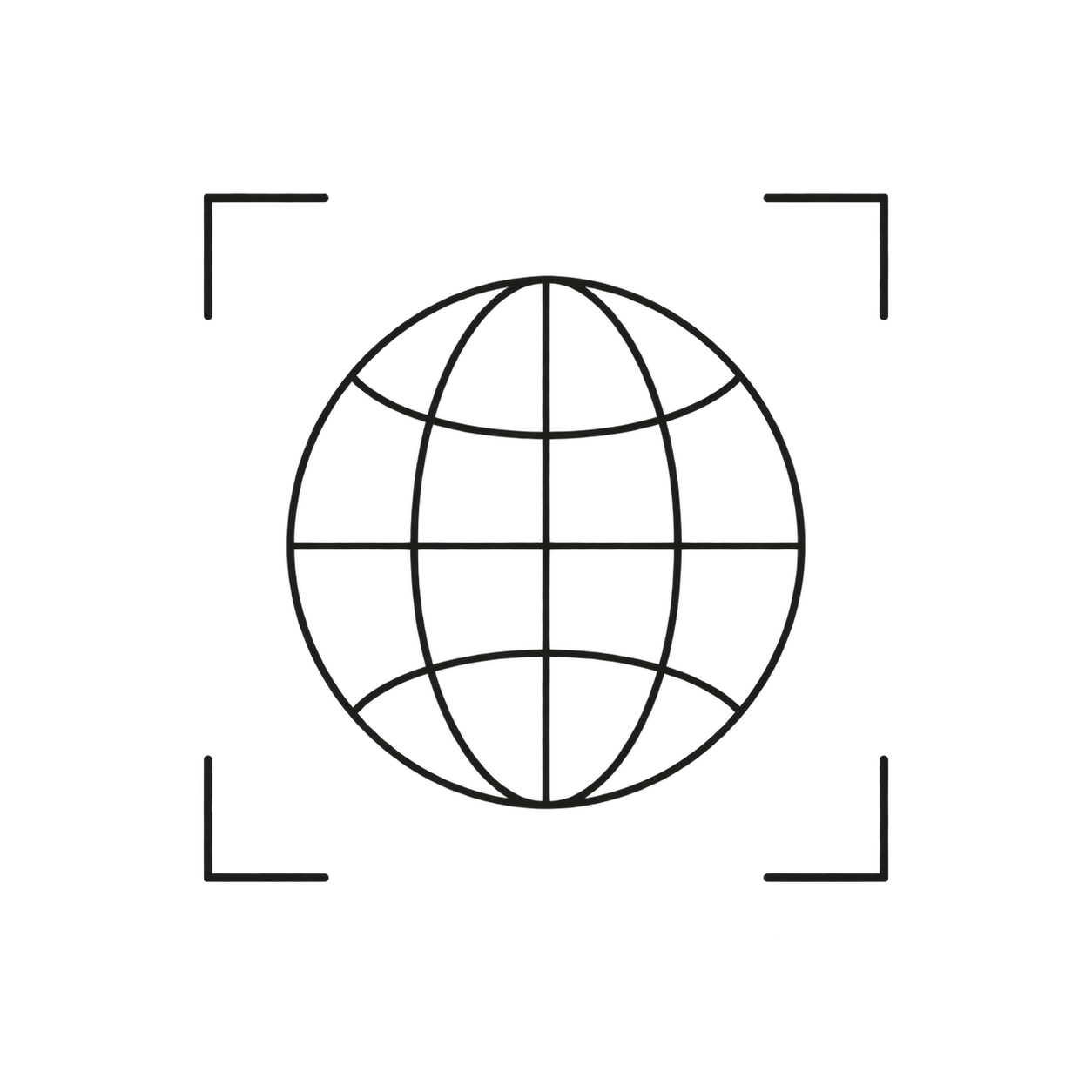 Outline of a camera focus frame with a globe icon in the center