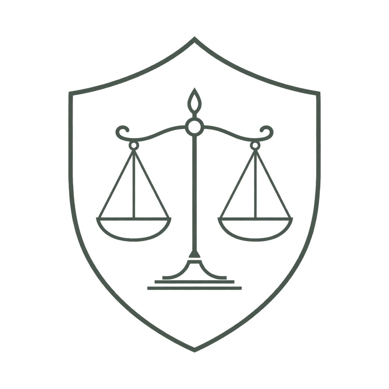 Outline of a shield with a balanced scale at its center.