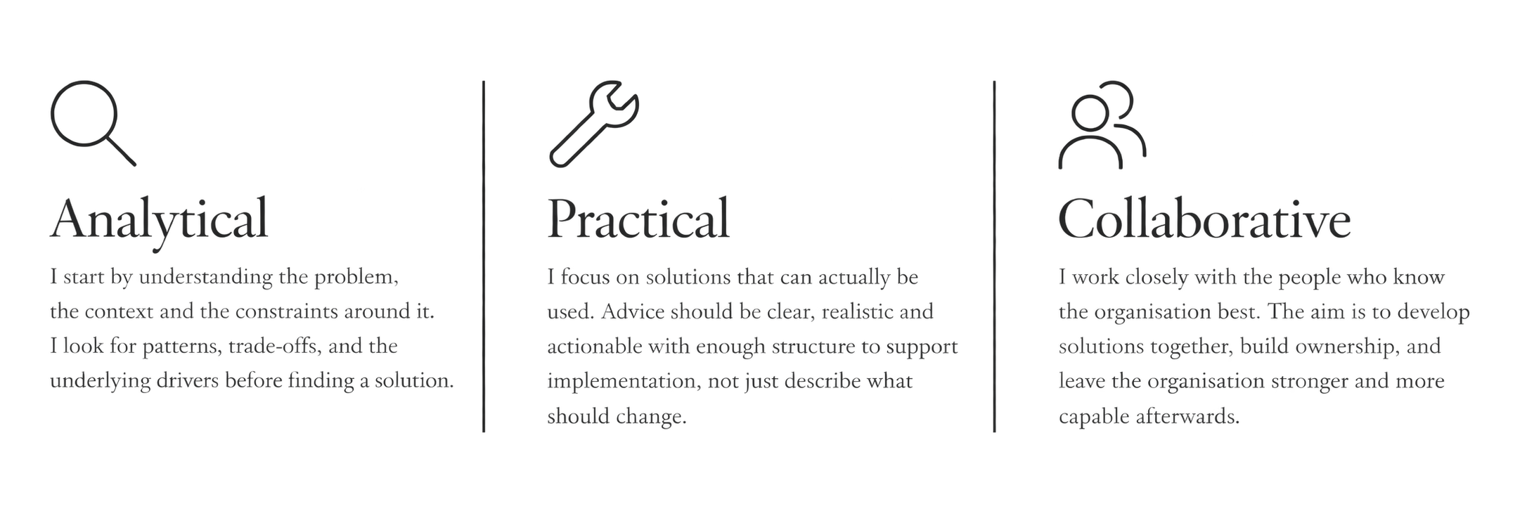 Infographic with three categories: Analytical, Practical, and Collaborative, each with a description and icon representing each approach to problem-solving.
