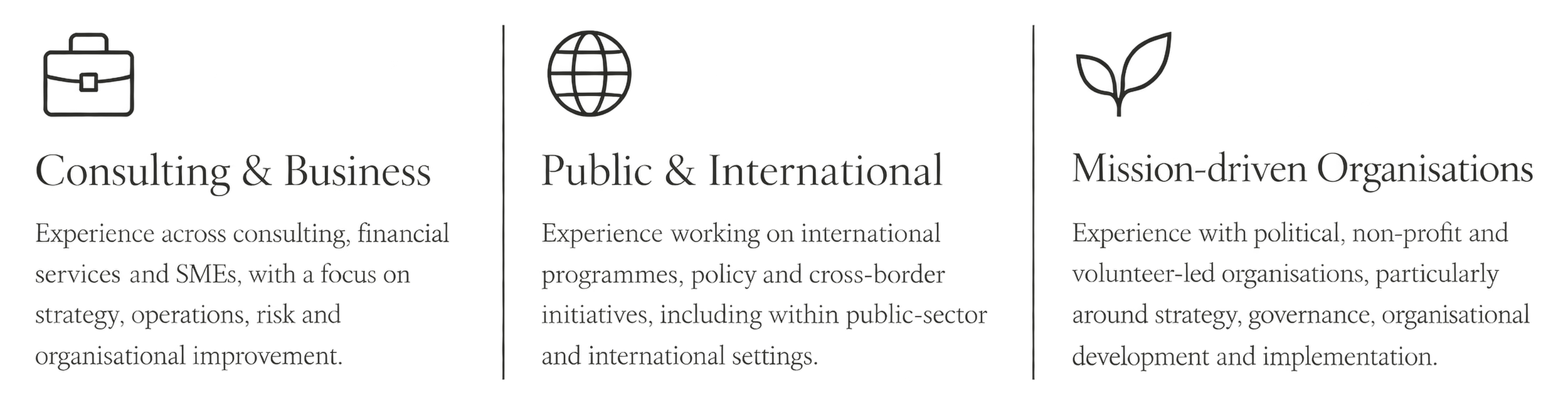 Three sections with icons and descriptions: first section has a briefcase icon, titled 'Consulting & Business', mentions experience in consulting, financial services, SMEs, strategy, operations, risk, and organizational improvement; second section has a globe icon, titled 'Public & International', mentions experience in international programs, policy, cross-border initiatives, within public sector and international settings; third section has a leaf icon, titled 'Mission-driven Organisation', mentions experience with political, non-profit, volunteer-led organizations, strategy, governance, organizational development, and implementation.