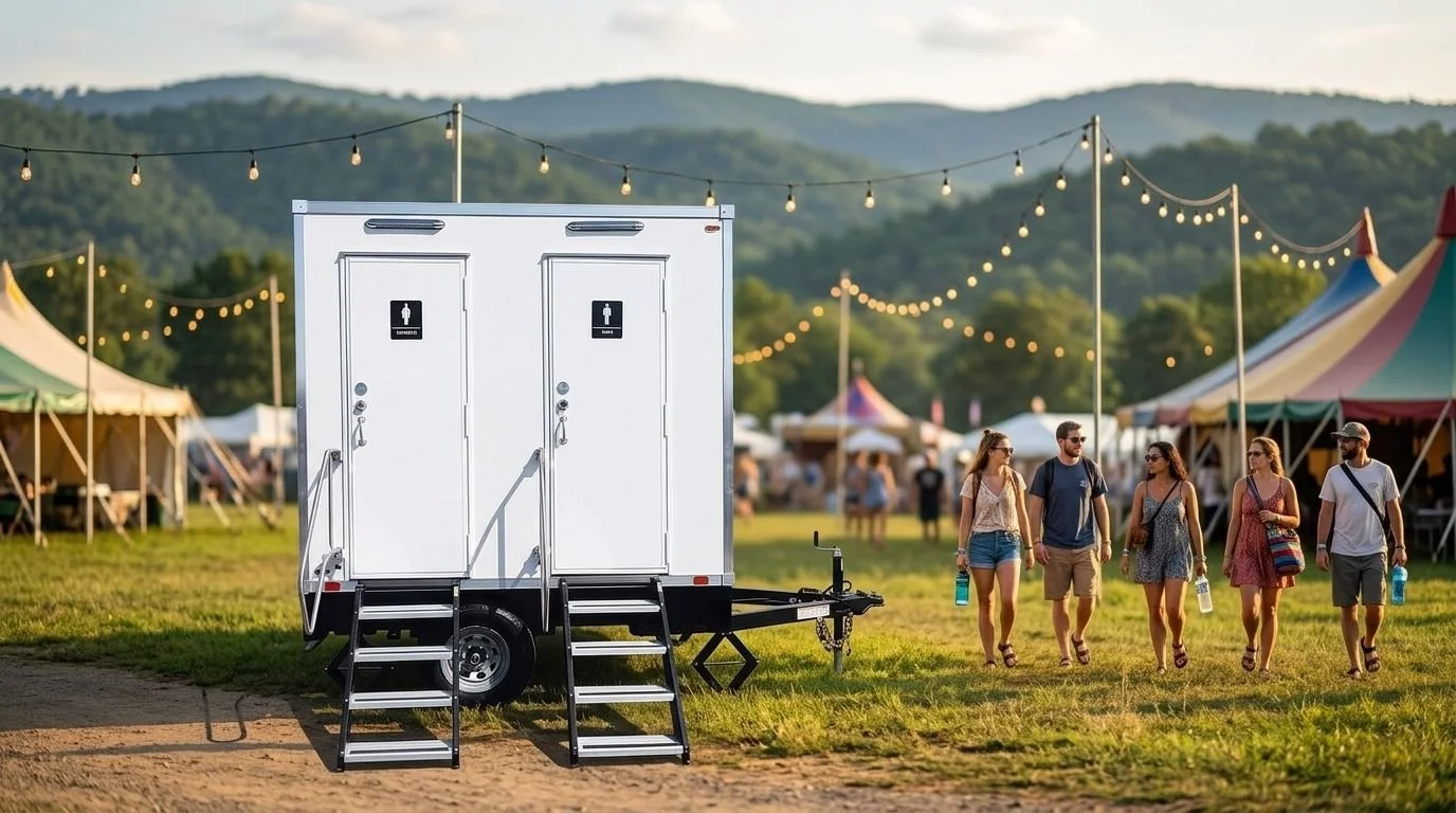 Festival grounds with tents, string lights, and a portable bathroom trailer with two doors, each marked with a gender symbol. Five people walk by holding drinks, with a scenic mountain backdrop.