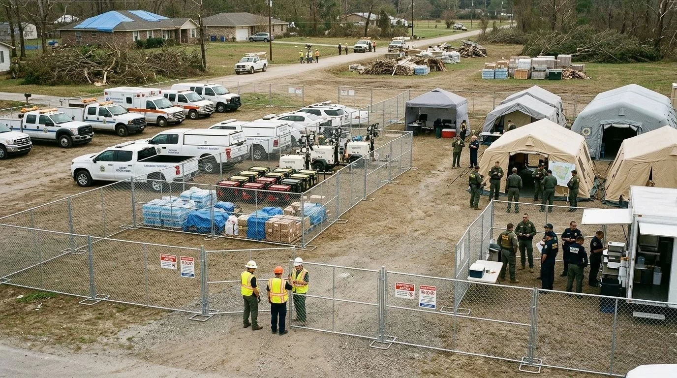 A temporary emergency response setup with fences, emergency vehicles, tents, and personnel on a dirt lot.