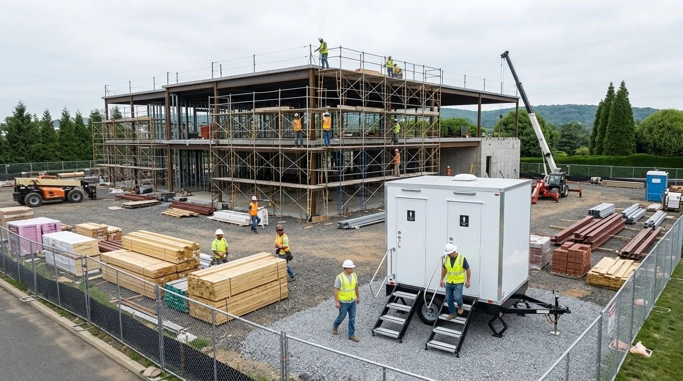 Construction workers working on a multi-story building site with scaffolding, orange and yellow safety vests, and a crane, surrounded by building materials and equipment.