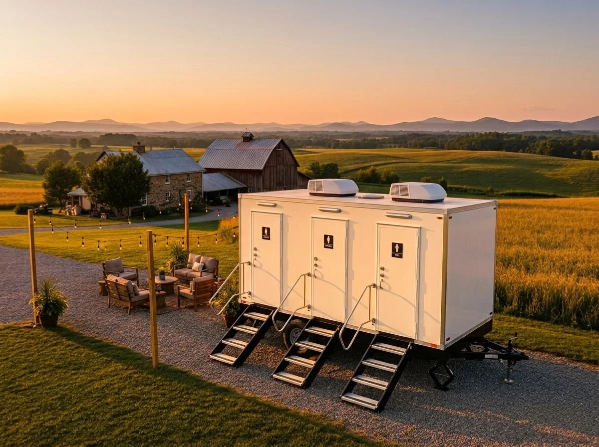 A portable restroom trailer with three doors, two air conditioning units on top, positioned on a gravel area in a rural landscape at sunset, with a farmhouse, trees, and fields in the background, and outdoor seating with string lights nearby.