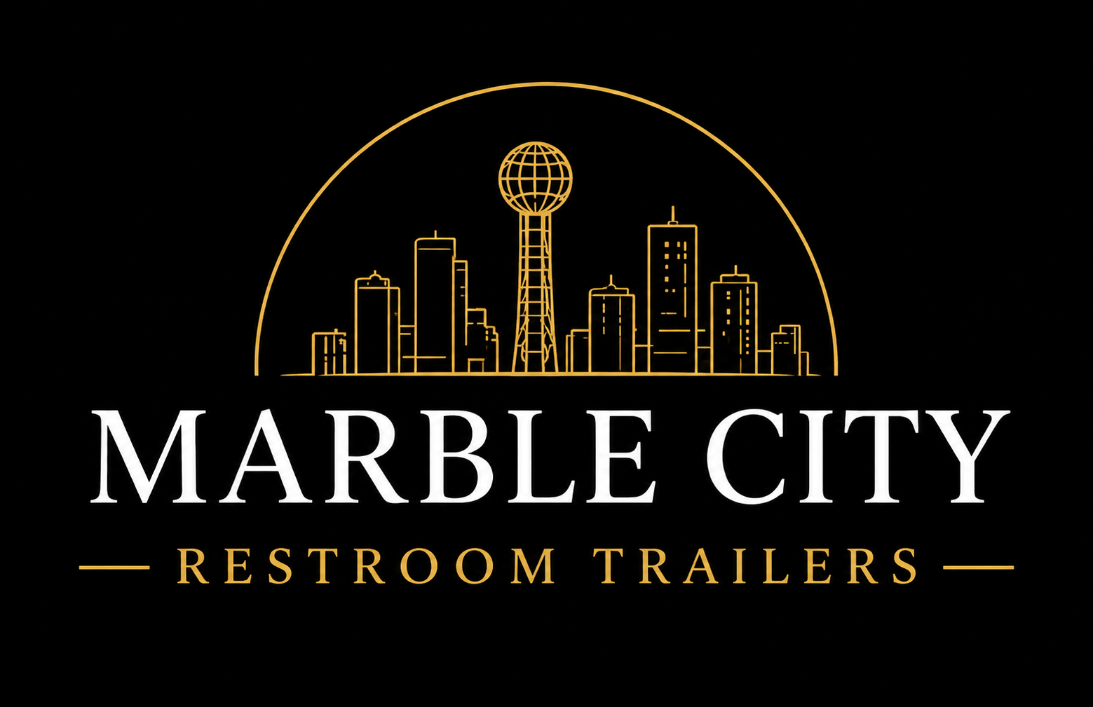 Logo of Marble City Restroom Trailers with a stylized outline of a city skyline and a tower, in black, gold, and white.
