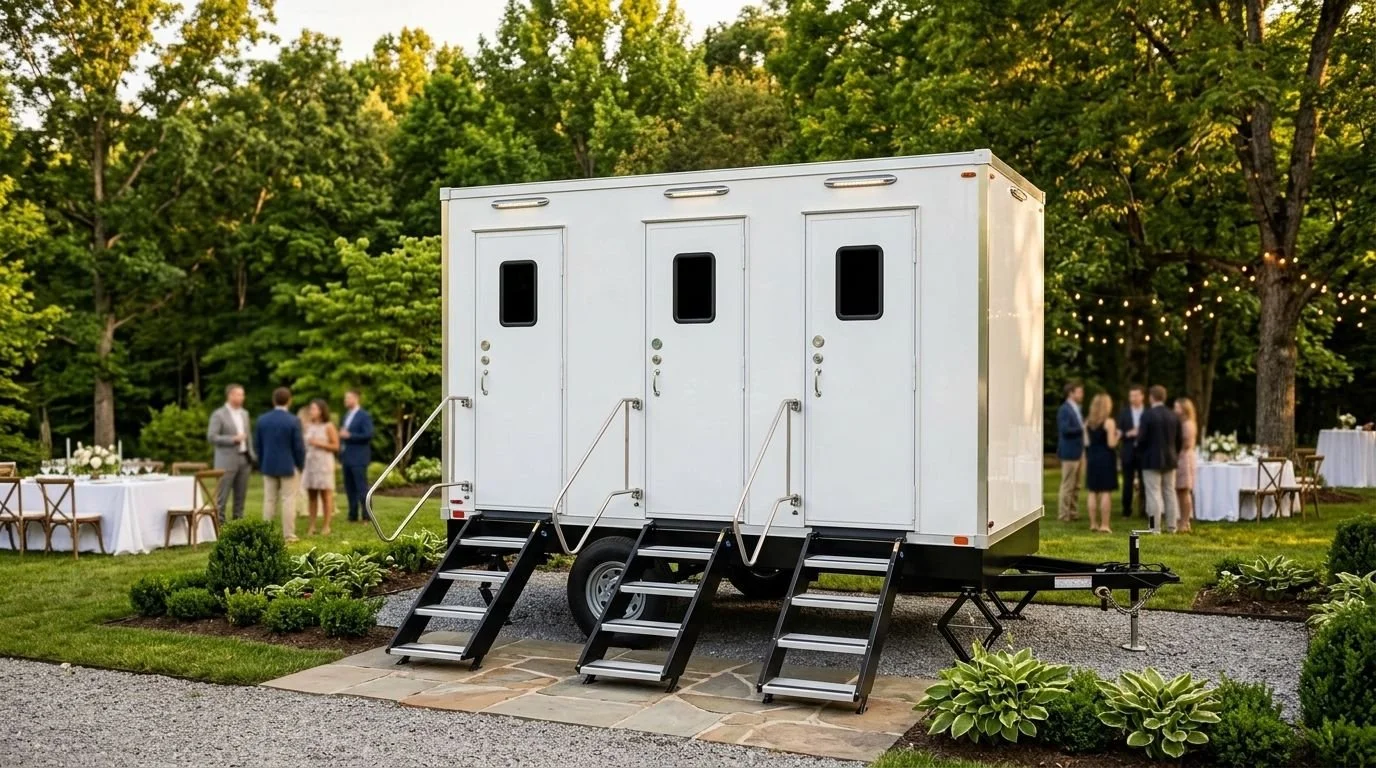 A portable white trailer with three black windows and three sets of steps leading inside, set up outdoors on a gravel path surrounded by flowering plants, with people in formal attire socializing in the background at a garden party or wedding reception in a wooded area.