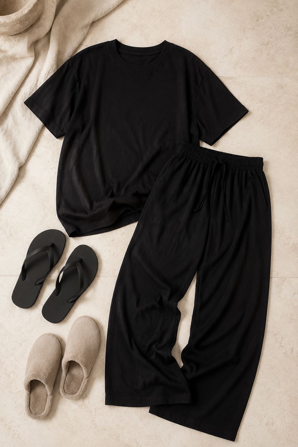 A flat lay of black casual clothing and footwear, including a t-shirt, wide-leg pants, flip-flops, and slippers, on a beige tiled floor.