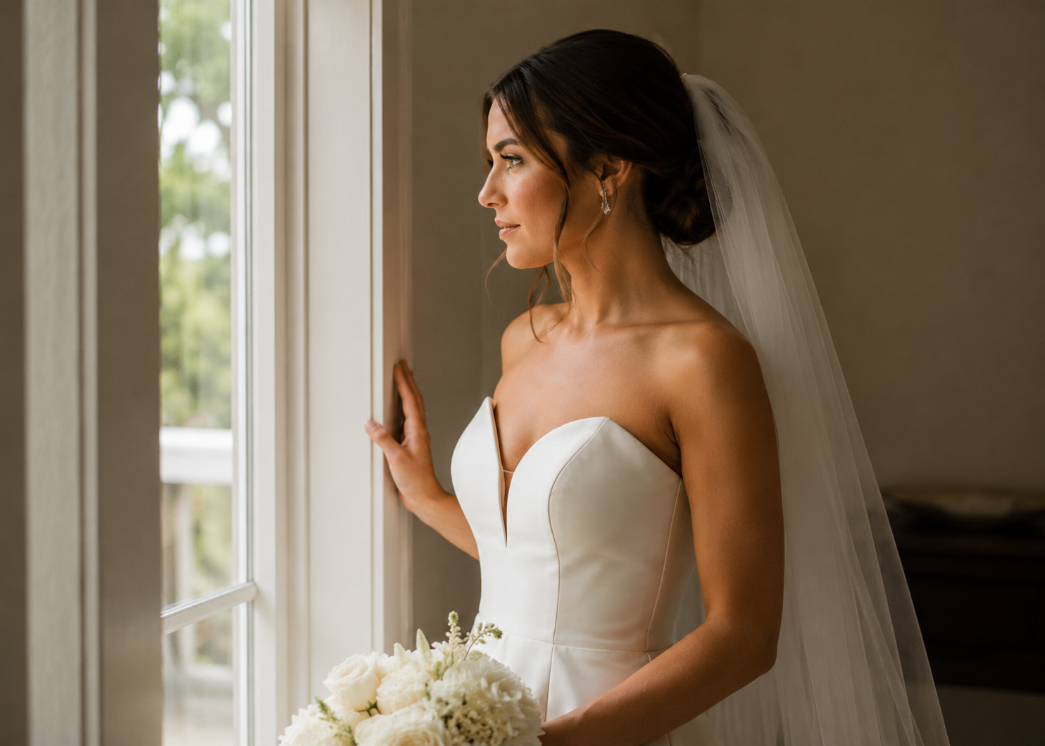 Kansas City bride with a natural custom spray tan wearing a white wedding gown and veil beside a sunlit window.