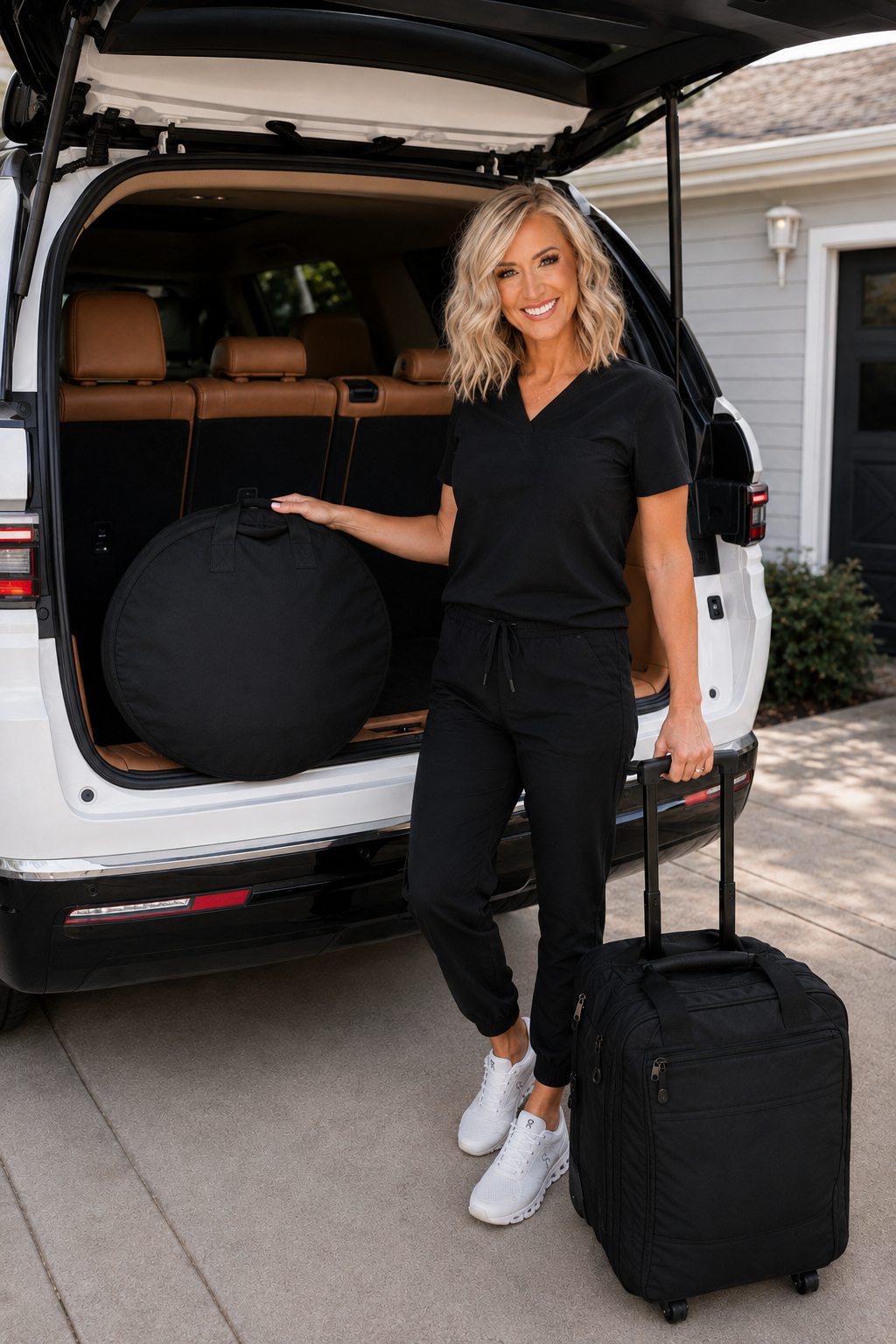 Kansas City mobile spray tan artist Heather with professional tanning equipment outside her vehicle, ready for an at-home appointment.