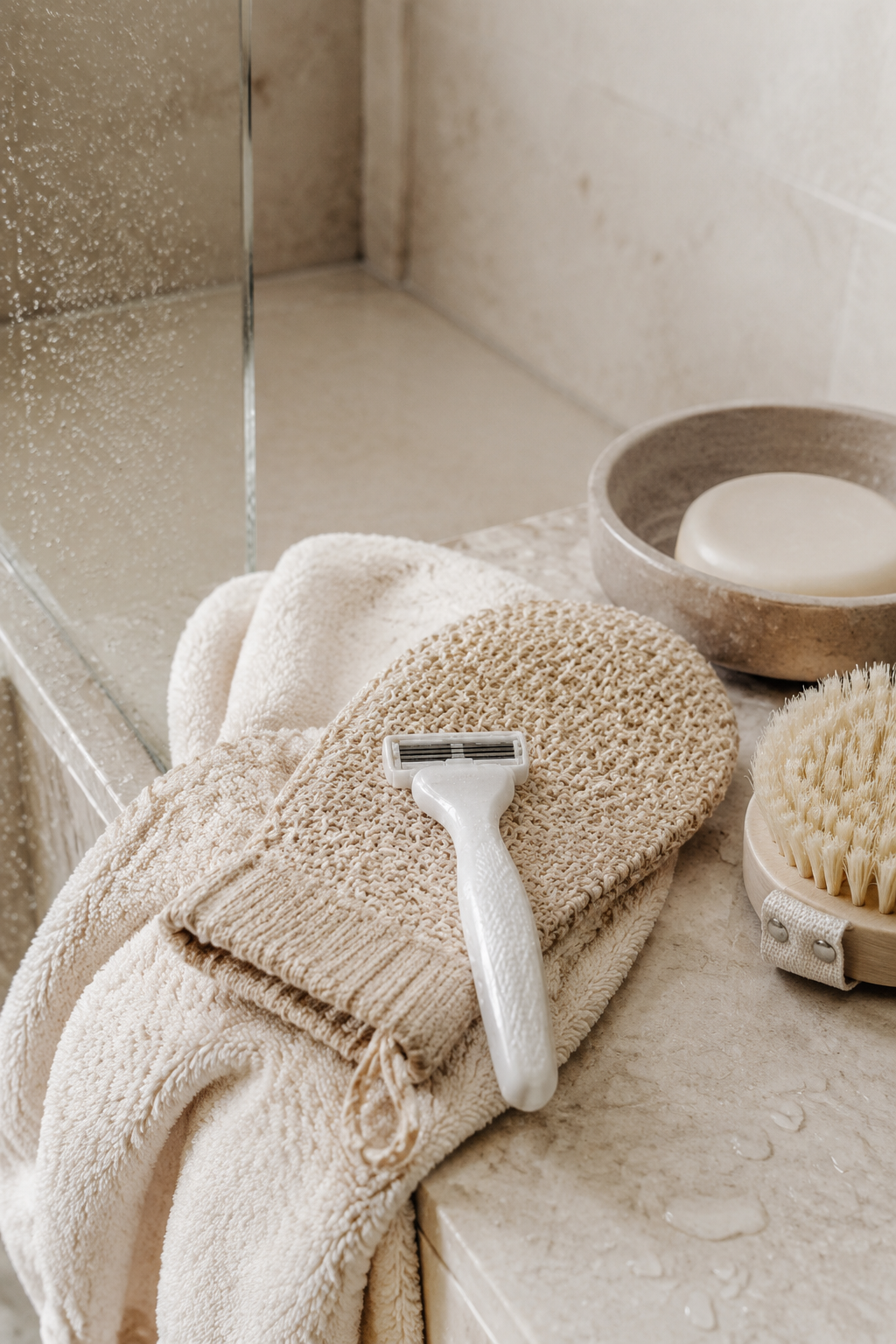Spray tan preparation essentials with an exfoliating mitt, body brush, razor, and gentle soap beside a shower.