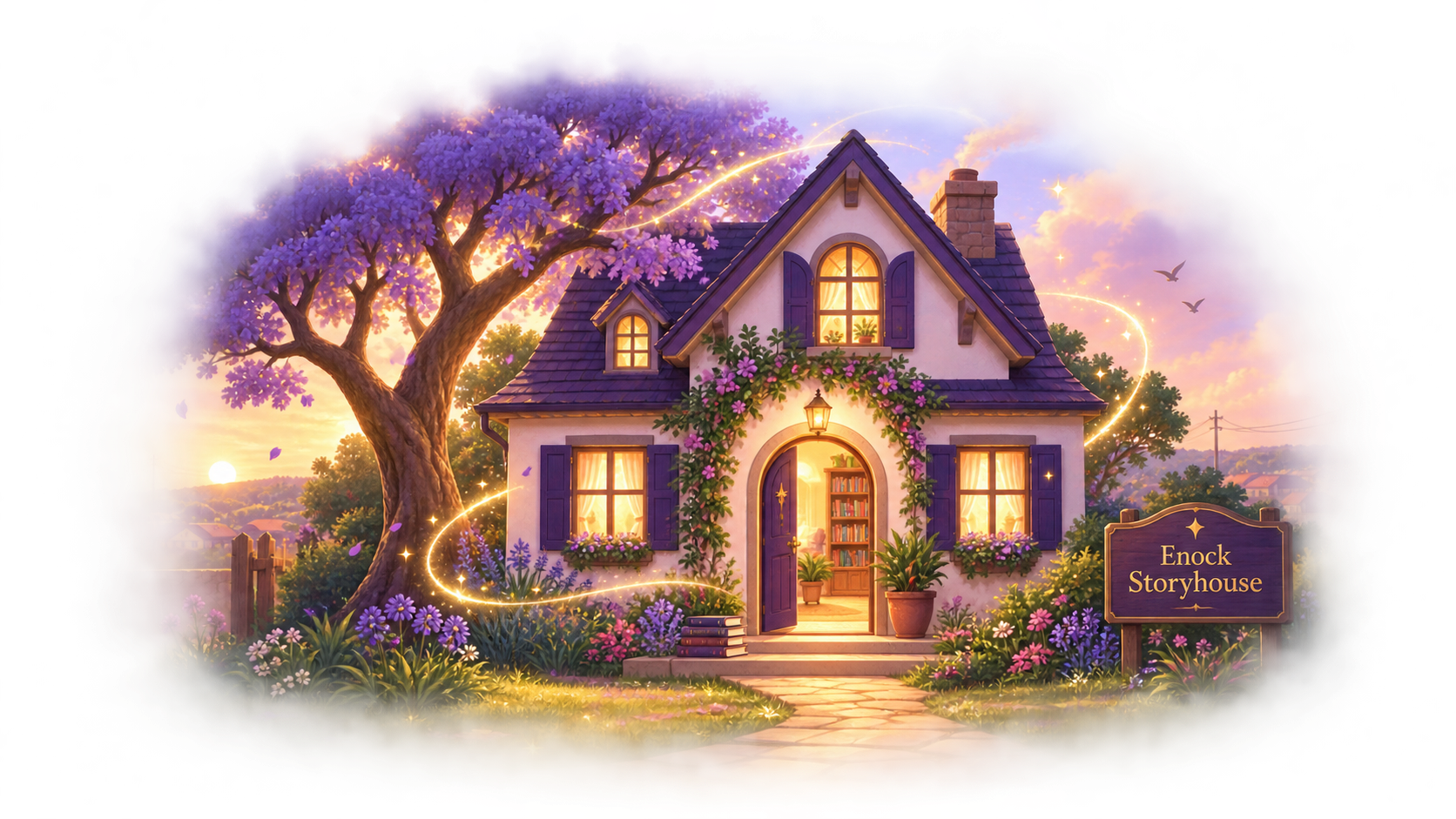 A whimsical, fairy-tale style storyhouse with purple shutters and a purple roof, surrounded by colorful flowers and a large blossoming tree, during sunset with glowing lights and magical sparkles.