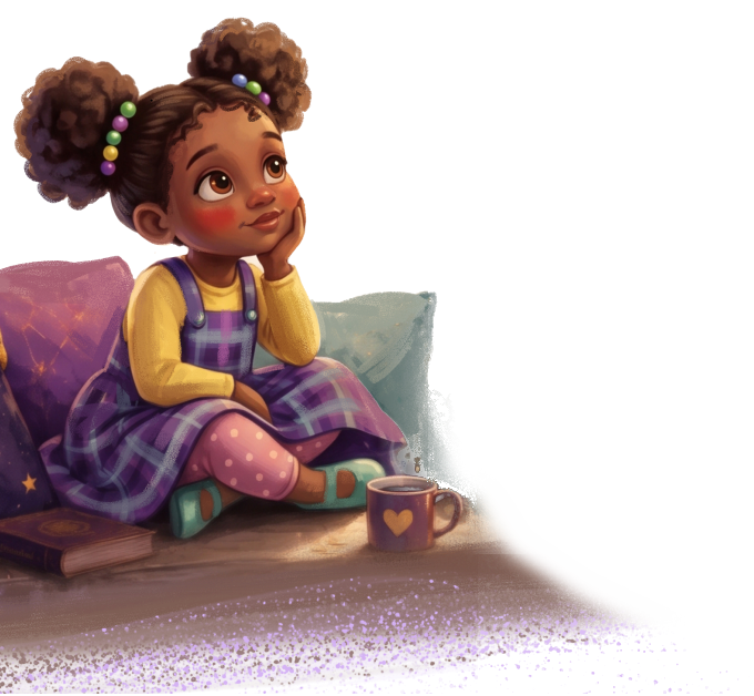 A young girl with brown skin and curly hair in puffs, decorated with colorful beads, sits on the floor with her knee up, resting her chin on her hand, looking up thoughtfully. She is wearing a yellow long-sleeved shirt, purple plaid overalls, and pink polka-dot tights. There are pillows behind her and a mug with a yellow heart on it in front of her.
