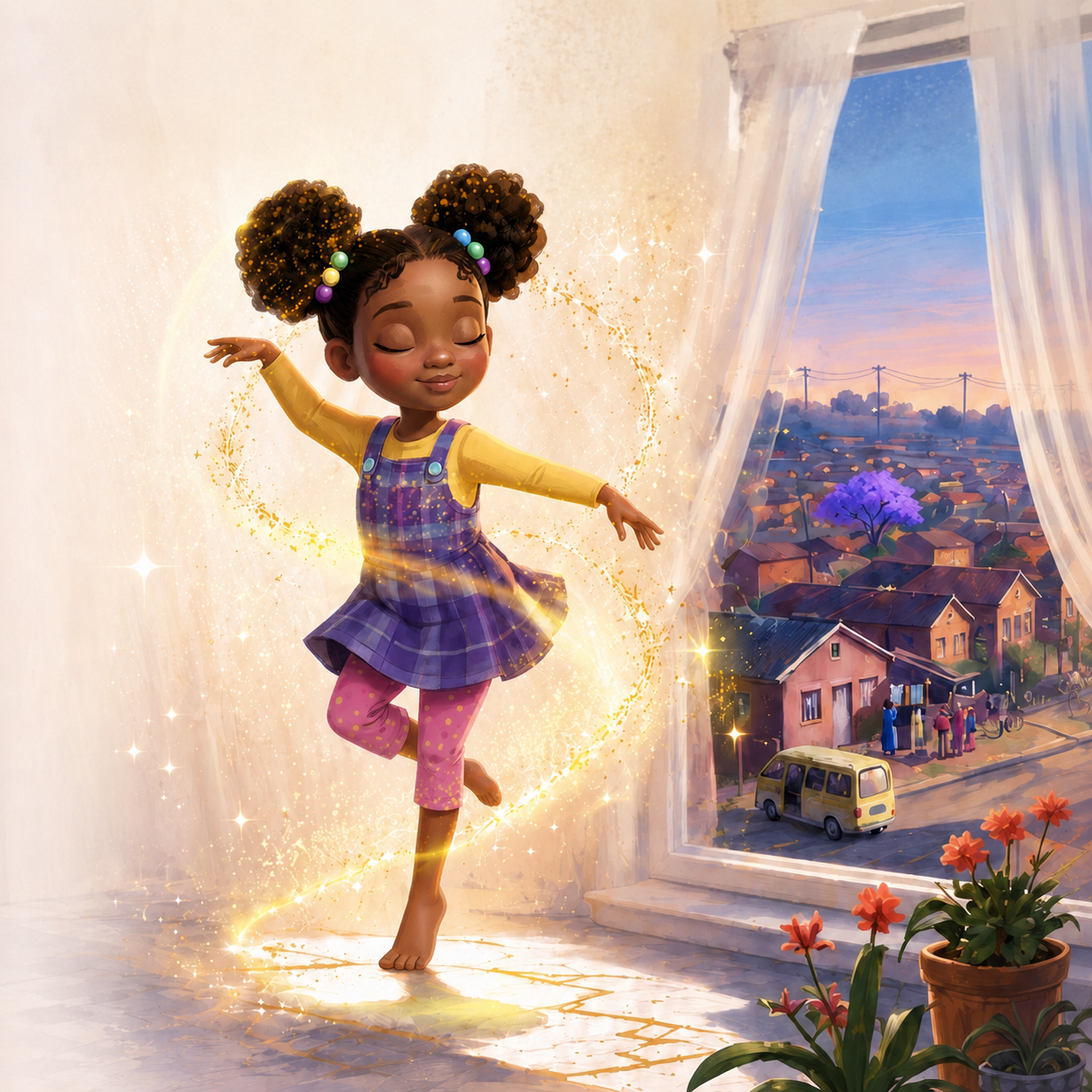 A young girl with braided hair decorated with colorful beads, wearing a yellow long-sleeve shirt, a purple plaid dress, and pink polka-dot leggings, is dancing joyfully inside a room near an open window. She is surrounded by sparkles and a golden glow, with a view of a neighborhood with houses, trees, and a parked yellow vehicle outside the window during sunset.