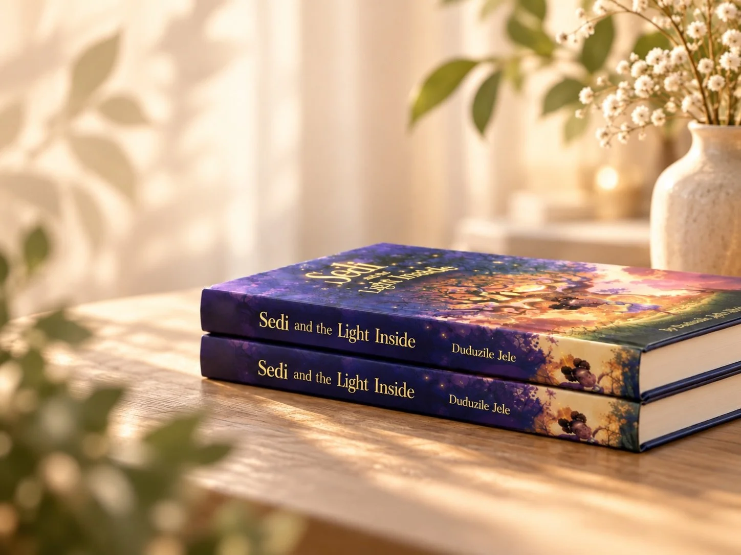 Close-up of two copies of the book "Sedi and the Light Inside" by Duduzile Jele stacked on a wooden table, with a blurred background of a vase with white flowers and green leaves.