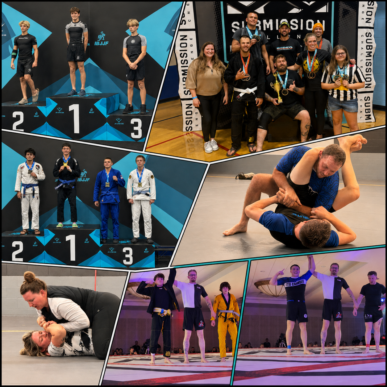 Collage of martial arts and Brazilian Jiu-Jitsu competitions, including podium winners, athletes competing, and teams celebrating.