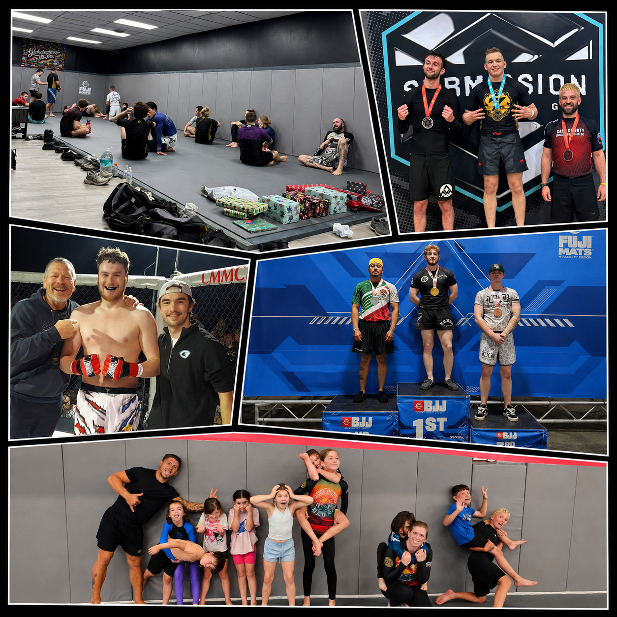 Collage of martial arts and sports event photos, including a training session, medals awards, fighters posing, children practicing martial arts, and athletes celebrating after competitions.