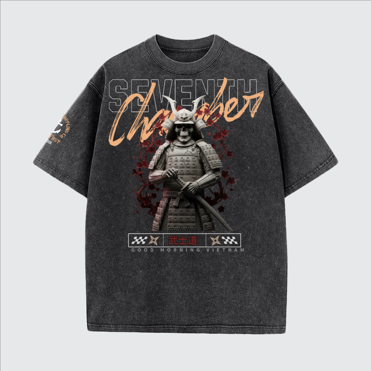 Gray graphic T-shirt featuring a samurai warrior mask, cherry blossoms, and stylized text reading "Seven Chu" and "Good Morning Vietnam".