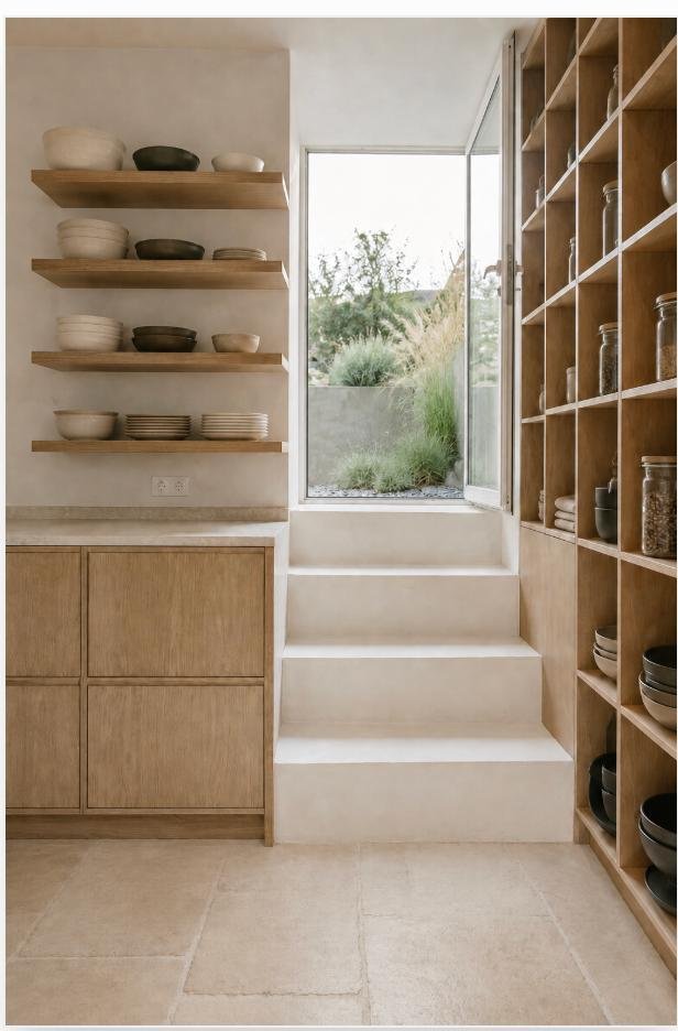 A minimalist kitchen scene with open wooden shelves holding white and black bowls, a built-in wooden cabinet, and a small set of stairs leading to a glass door opening to a garden with greenery.