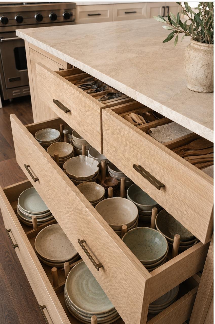 Open kitchen drawers filled with stacked ceramic plates, bowls, and utensils, with a marble countertop and a potted plant on top.