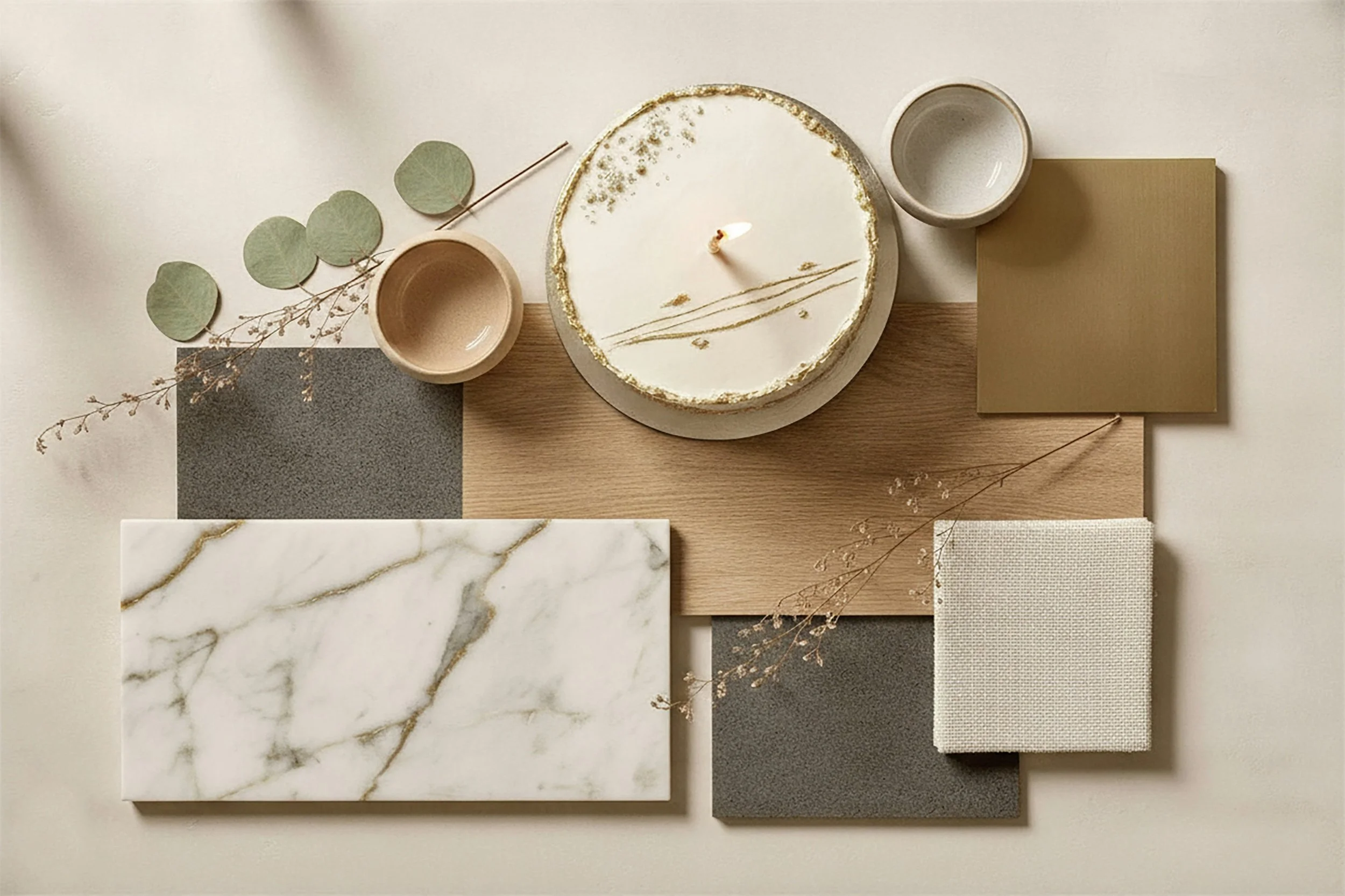 Flat lay of various design materials including marble, wood, fabric samples, and round ceramic bowls, with decorative dried plants, arranged on a white surface.
