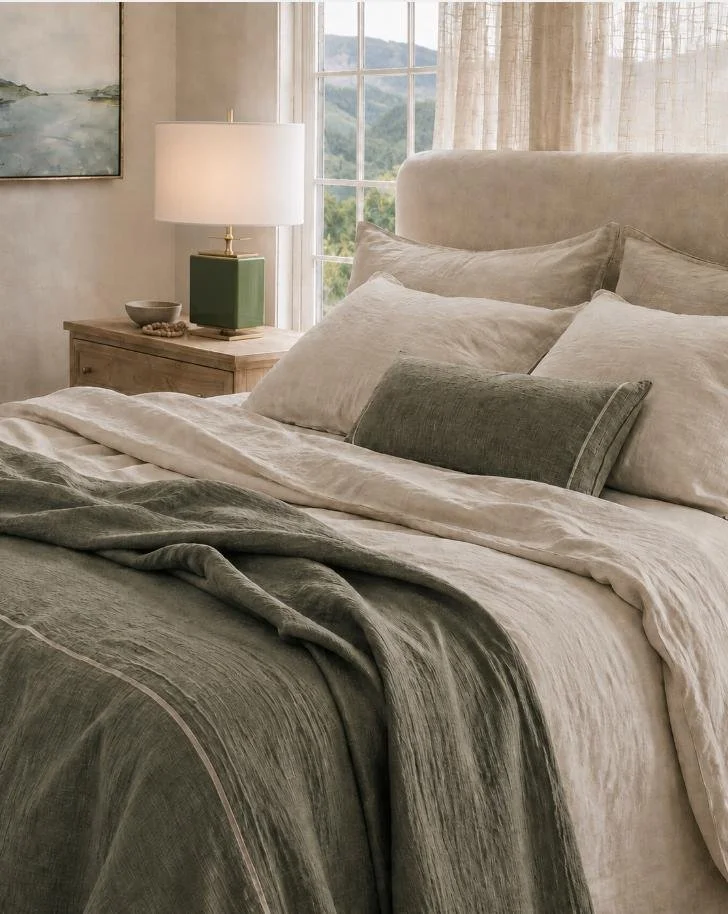 A cozy bedroom with a bed, beige and gray bedding, and a side table with a lamp, set near a large window with a view of mountains and trees.