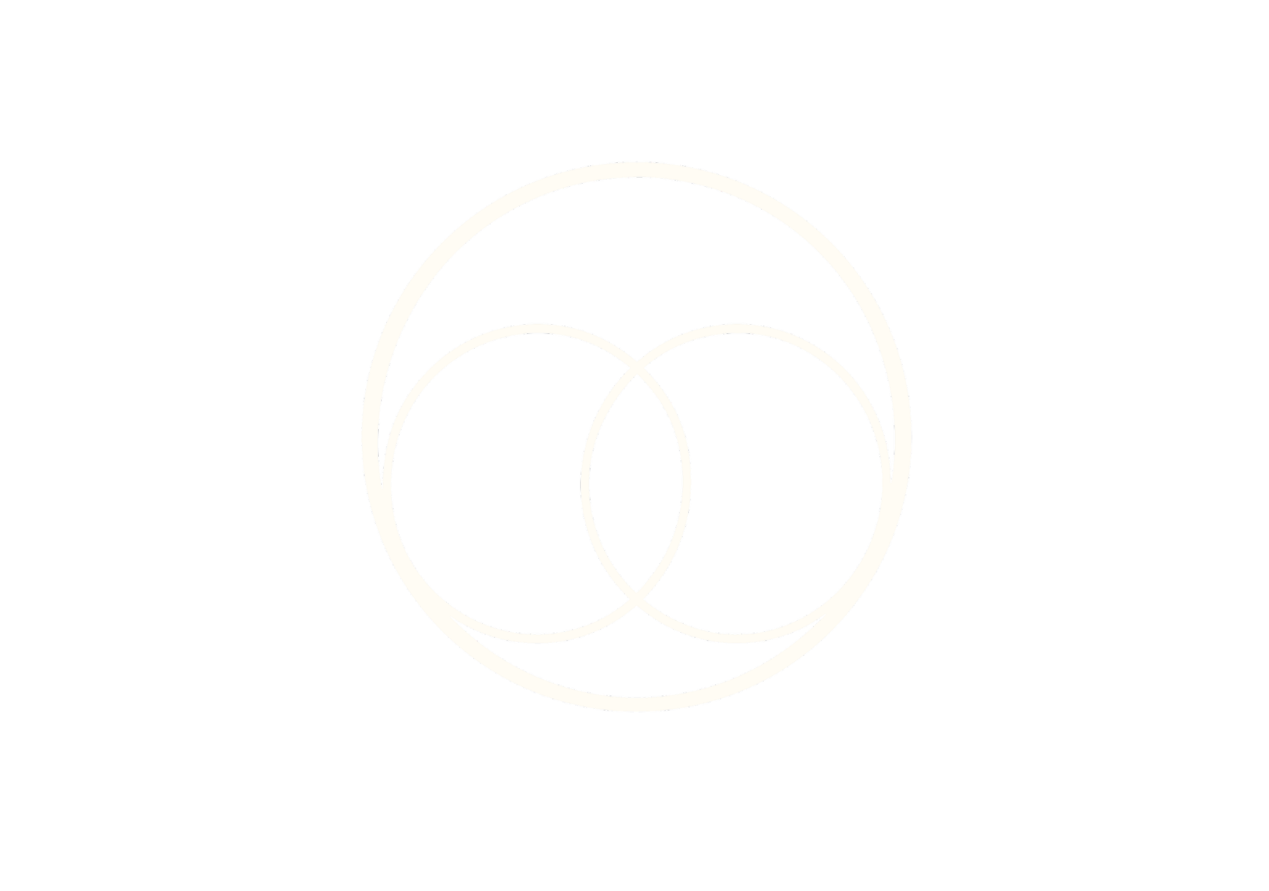 Black background with a white geometric design of overlapping circles and a central shape resembling a flower or star.