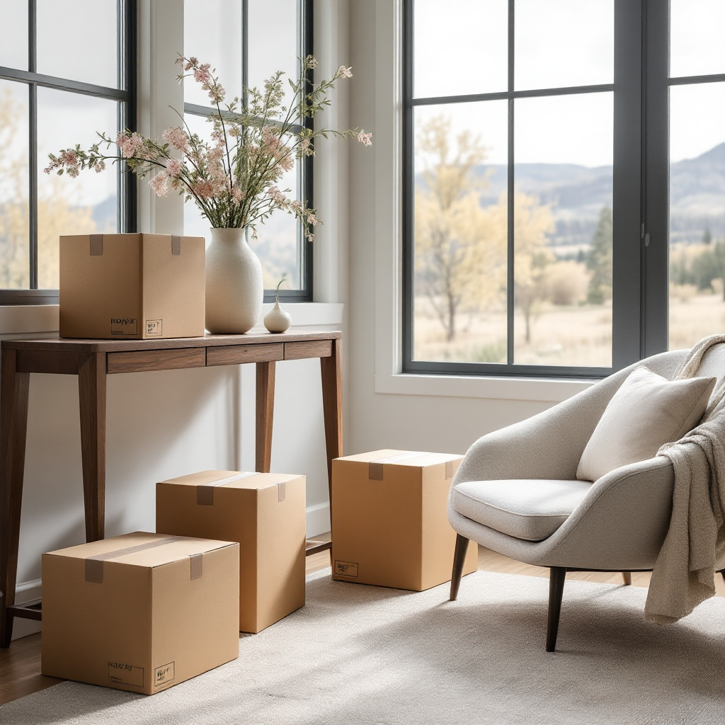 A cozy room with large windows showing an outdoor view of trees and hills, contains a wooden table with a large vase of pink flowers, several cardboard boxes, and a modern white armchair with a throw blanket.