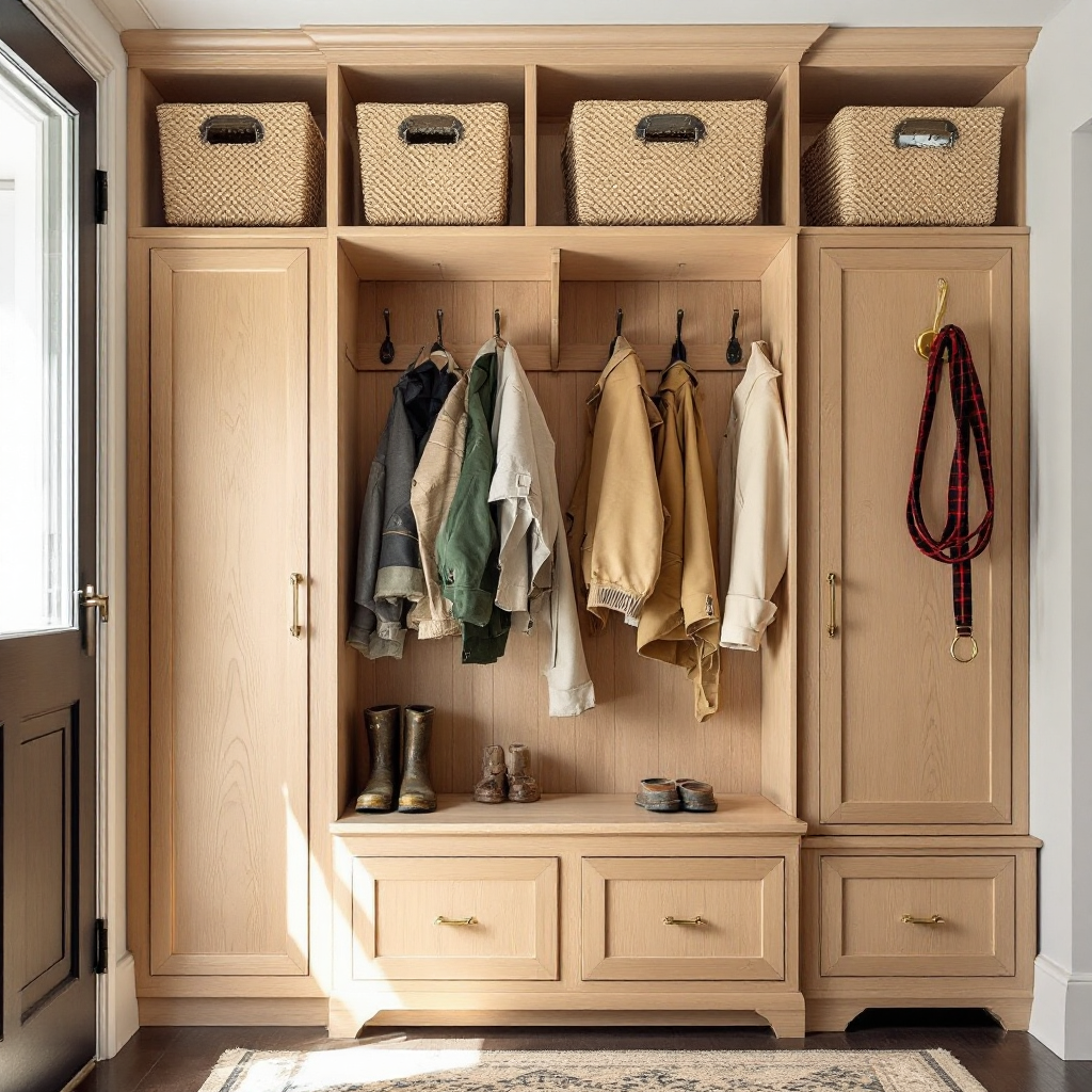 Entryway wooden storage unit with hanging hooks holding jackets, boots on the bottom shelf, storage baskets on top, and a red-and-black plaid leash hanging on a hook.