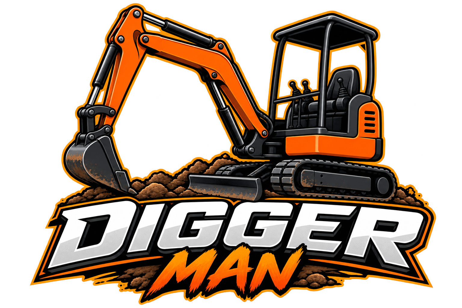 A cartoon-style illustration of an orange excavator digging into the ground with dirt around it. Below the excavator, the text reads "DIGGER MAN" with "DIGGER" in bold white and "MAN" in orange, stylized letters.