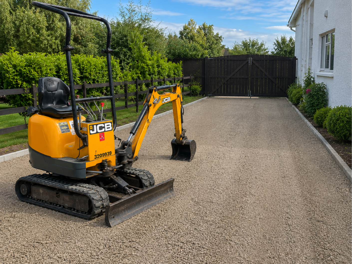 Small yellow JCB mini excavator parked on a gravel driveway next to a white house, with a black fence, lush green bushes, and a black gate in the background.
