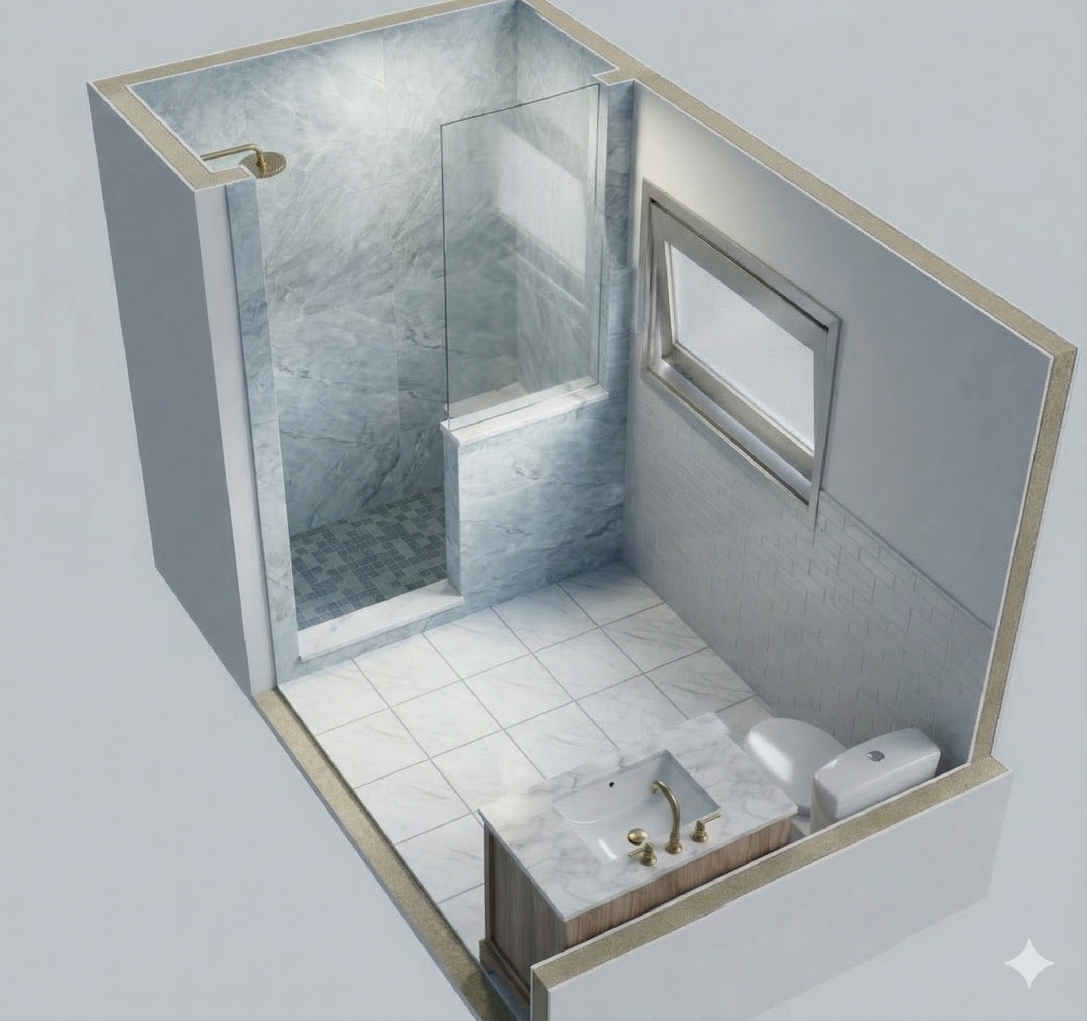 A bathroom vanity with a marble countertop, a sink, and a large mirror above it. The sink has gold fixtures, including a faucet and handles. The walls and floor are tiled in a similar marble pattern.