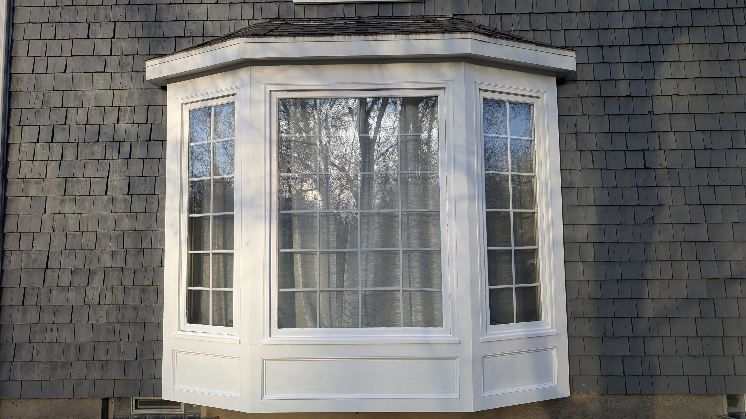 A close-up of a window with white framing on a building with gray shingle siding, reflecting trees and the sky.