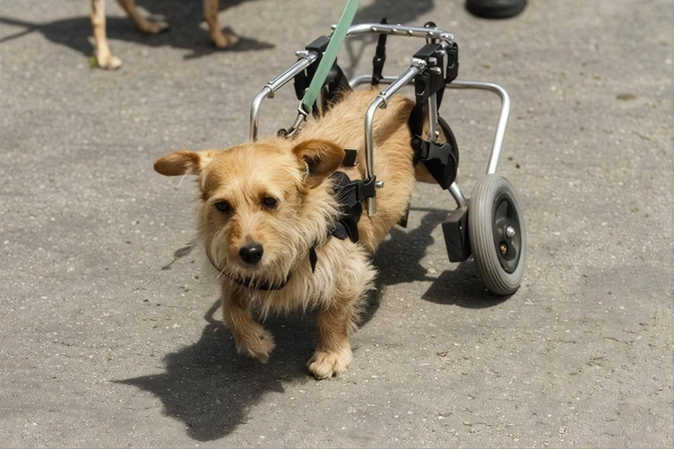 A small tan tripawd dog wearing a dark vest at the picnic.