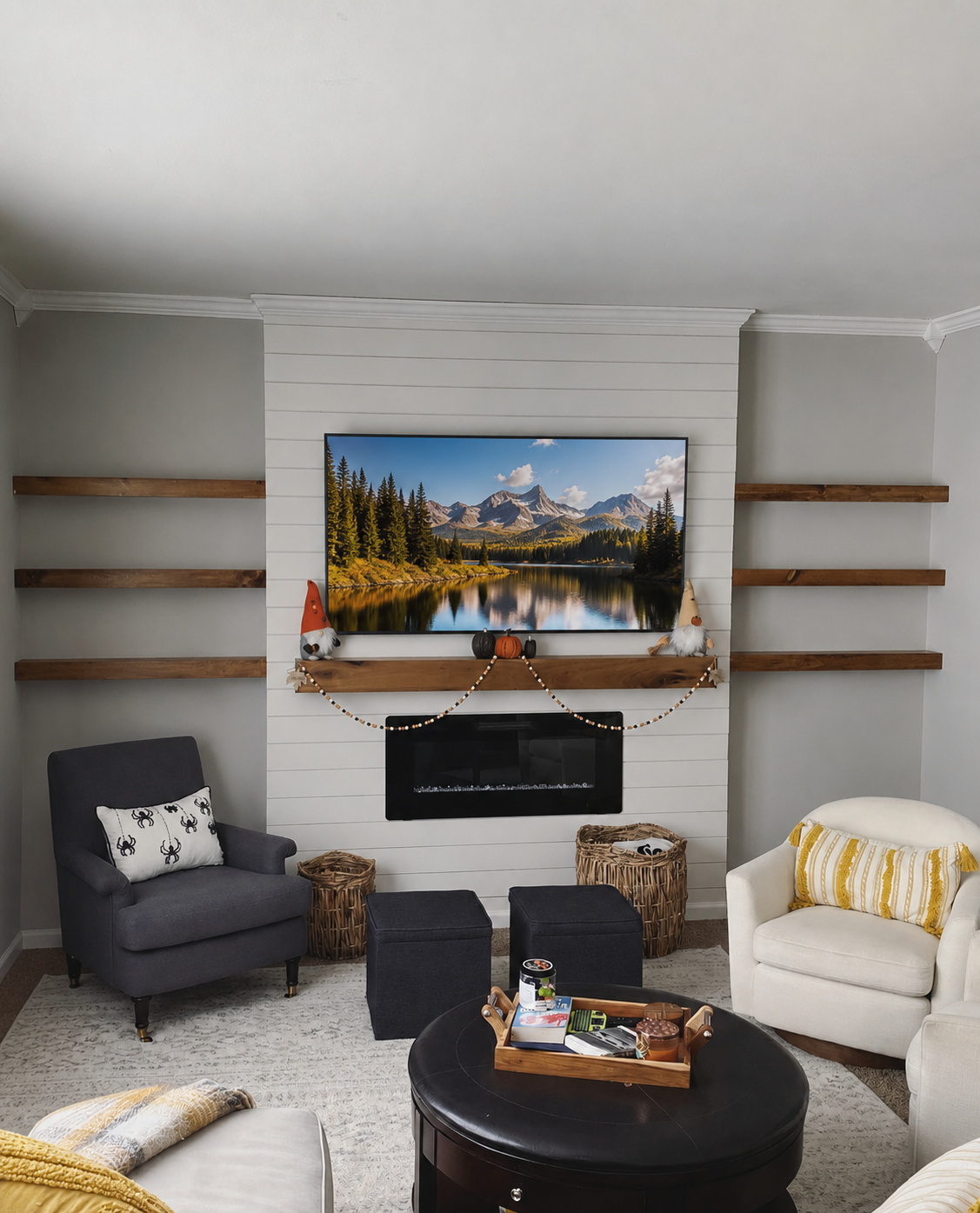 Custom floating shelves and mantel 