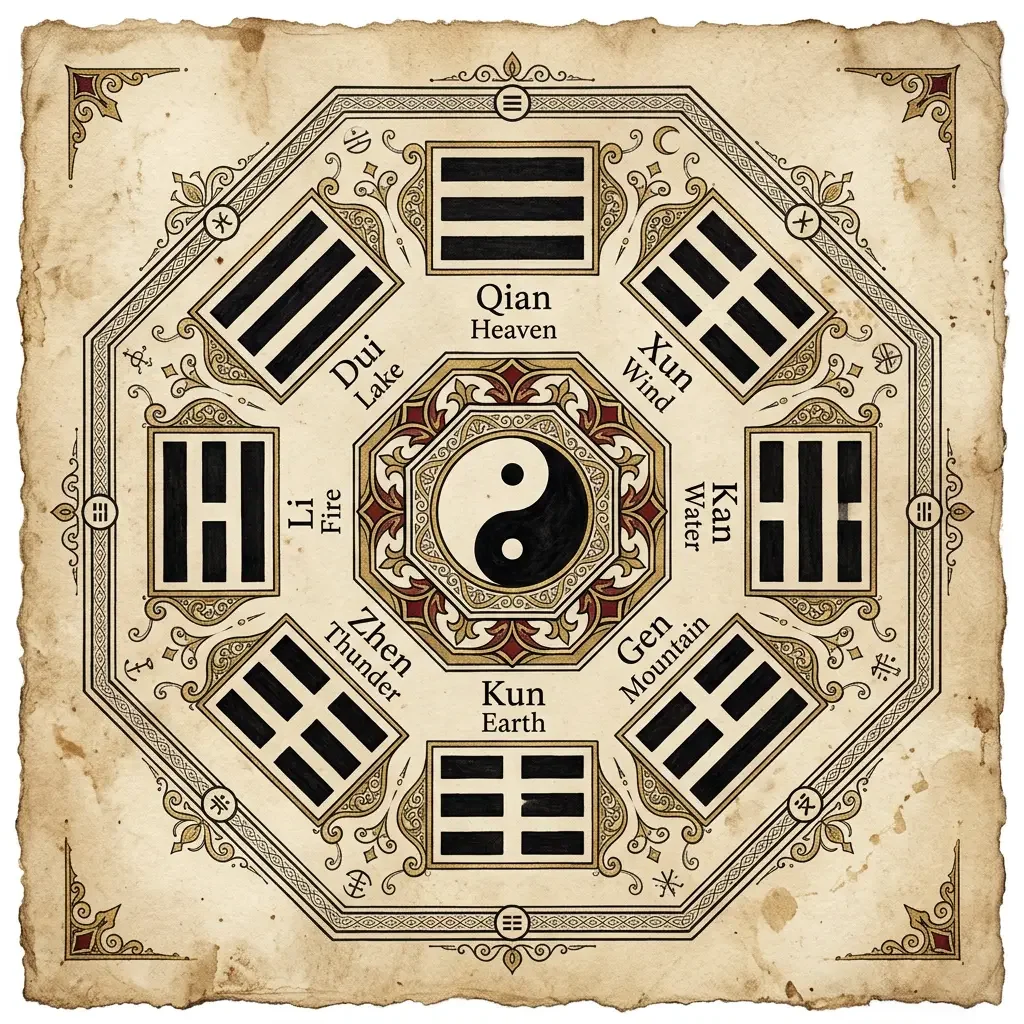 Historische Darstellung der acht Trigramme des I Ging. In der Mitte befindet sich das Yin-Yang-Symbol. Neben den Symbolen sind die Namen der Elemente auf Englisch und Chinesisch: Himmel, Wind, Wasser, Berg, Erde, Donner, Feuer, See.